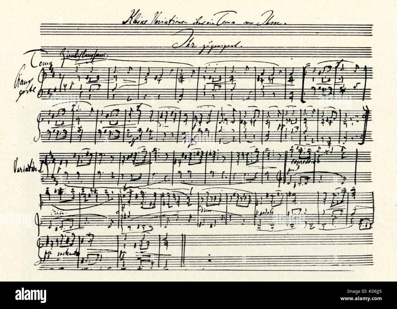 Clara Schumann, note manuscrite intitulée "Variations pour piano sur un thème de Robert Schumann". Pianiste allemand (1819-1896), épouse du compositeur, Robert Schumann. Banque D'Images