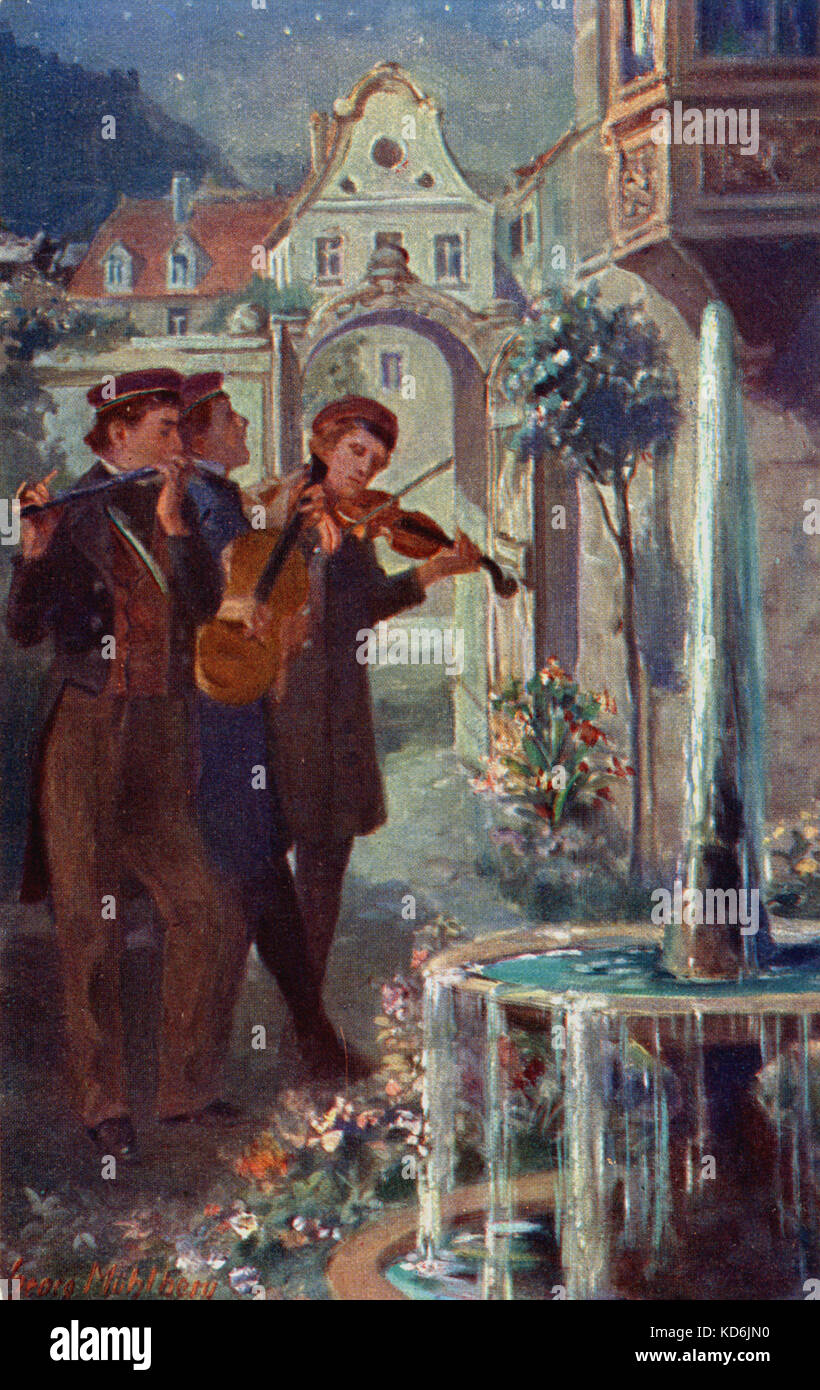 Trio de musiciens à la tombée de la fenêtre ci-dessous sérénade jouant de la flûte, guitare et violon. Banque D'Images