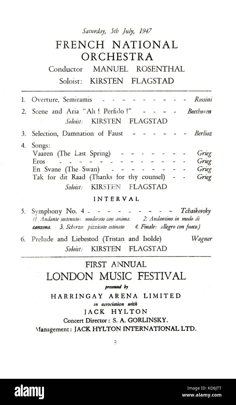 À l'intérieur de la page du programme pour le Festival de musique à Londres, arène Harringay 5e juillet 1947. L'Orchestre National de France avec Flagstad (soliste soprano norvégienne, 1895-1962). Concert dirigé par Manuel Rosenthal. Banque D'Images