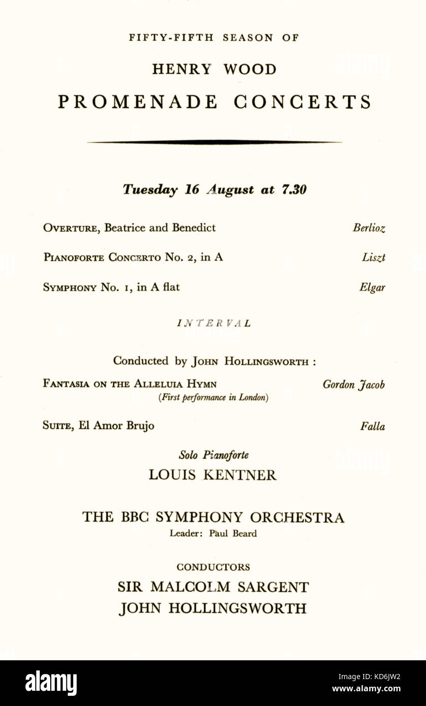 À l'intérieur de la page du programme pour BBC Proms Concerts le 16 août 1949. Henry Wood Promenade Concerts, au Royal Albert Hall, Londres. Avec le pianiste Louis Kentner, menée par Malcolm Sargent et John Hollingsworth. Banque D'Images