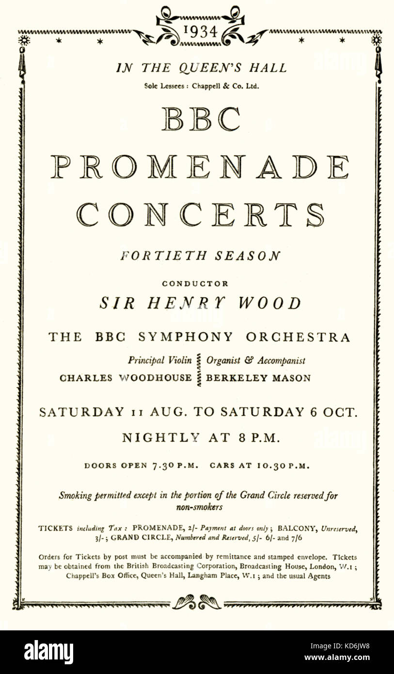 À l'intérieur de la page du programme pour la BBC Proms 1934. Promenade Concerts, Queen's Hall à Londres. Concerts en soirée menée par Sir Henry Wood. Chef d'orchestre, 1869-1944. Banque D'Images
