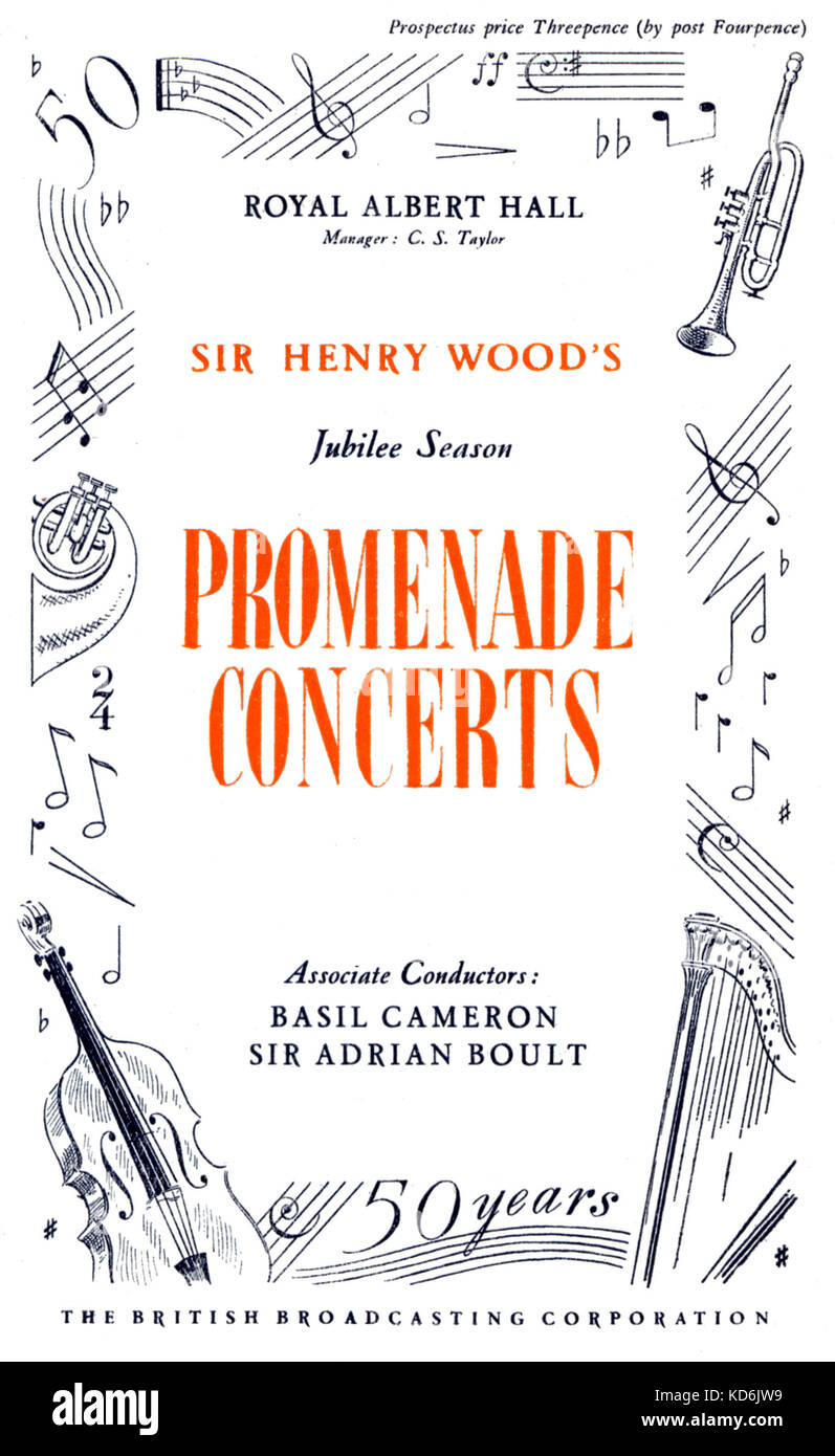 Pour la couverture du programme 1944 BBC Proms. Concerts Promenade menée par Sir Henry Wood (sur l'année de sa mort), Royal Albert Hall, Londres. 50e année, la saison du Jubilé. H. Wood : chef d'orchestre, 1869-1944. Illustré avec des pièces de bois, notations musicales et instruments. Banque D'Images