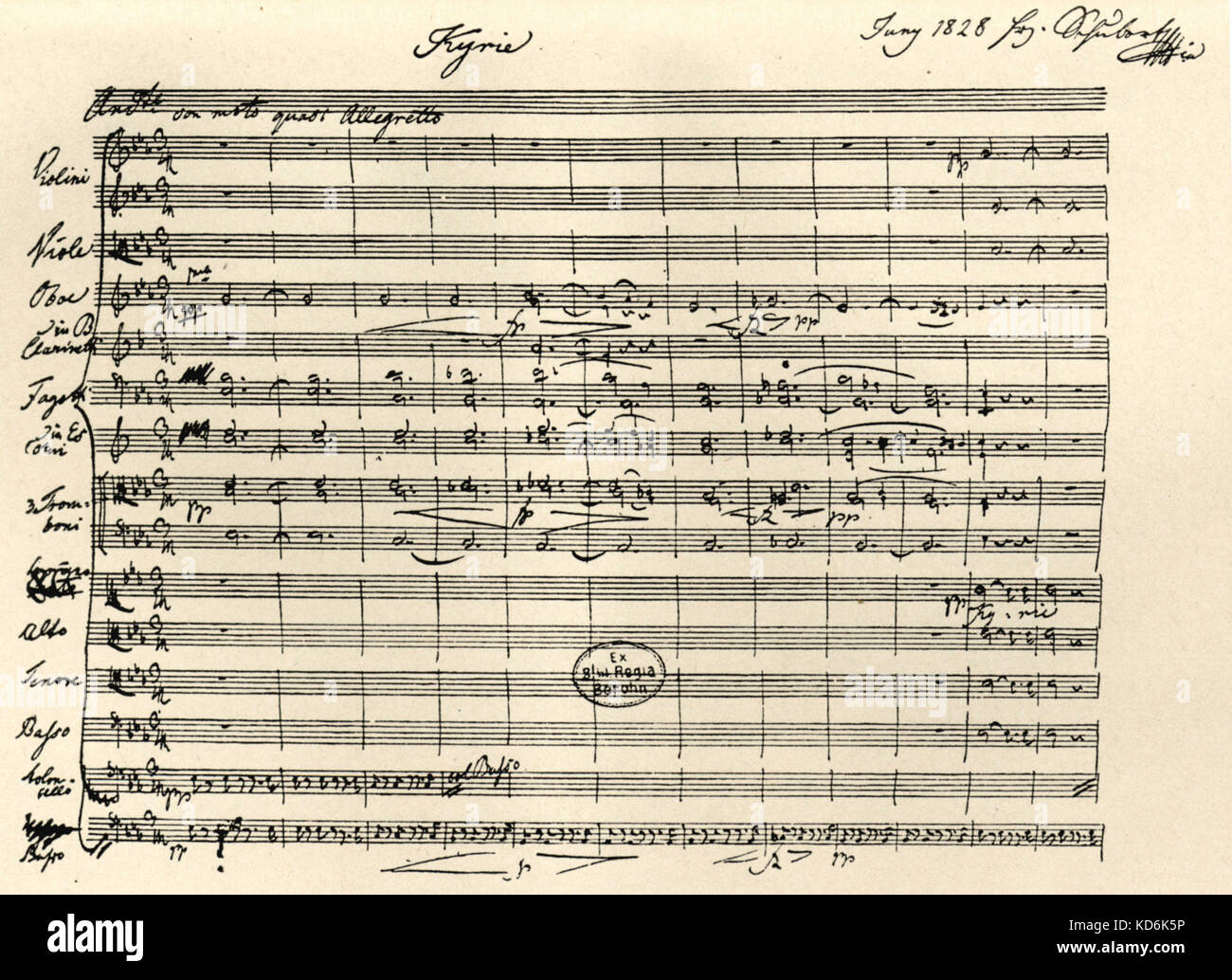 Franz Schubert's manuscrit note pour Kyrie de la Messe en la bémol et mi bémol majeur Masse (1814-1828) signé et daté 1828 compositeur autrichien, 1797-1828. Franz Schubert. Banque D'Images