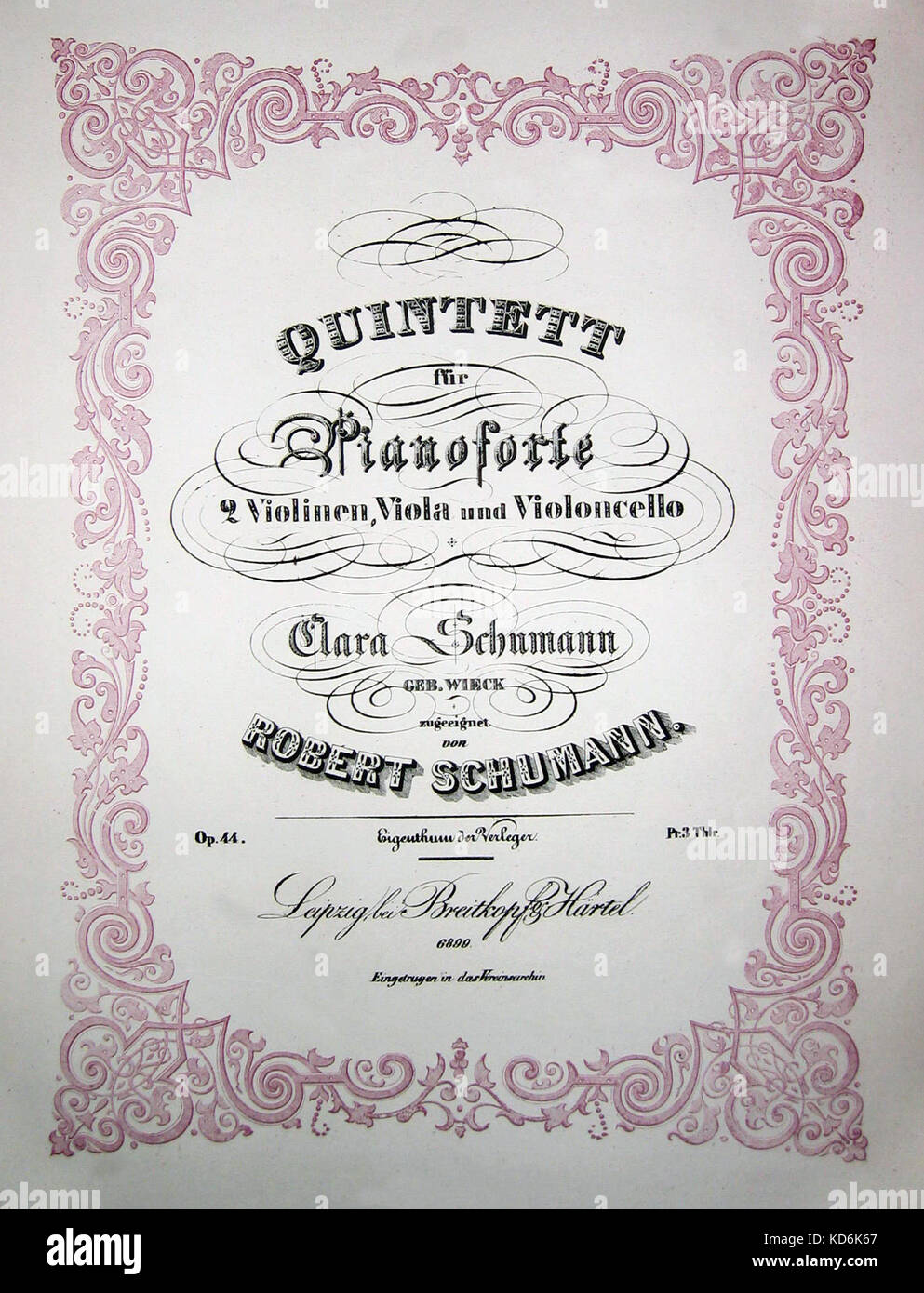 La note de Robert Schumann couvercle pour Quintette pour piano - dédiée à Clara Schumann, née Wieck (geboren). Publié 1843/44 . Leipzig. Breitkopf et Hartel compositeur allemand, 1810-1856 Banque D'Images