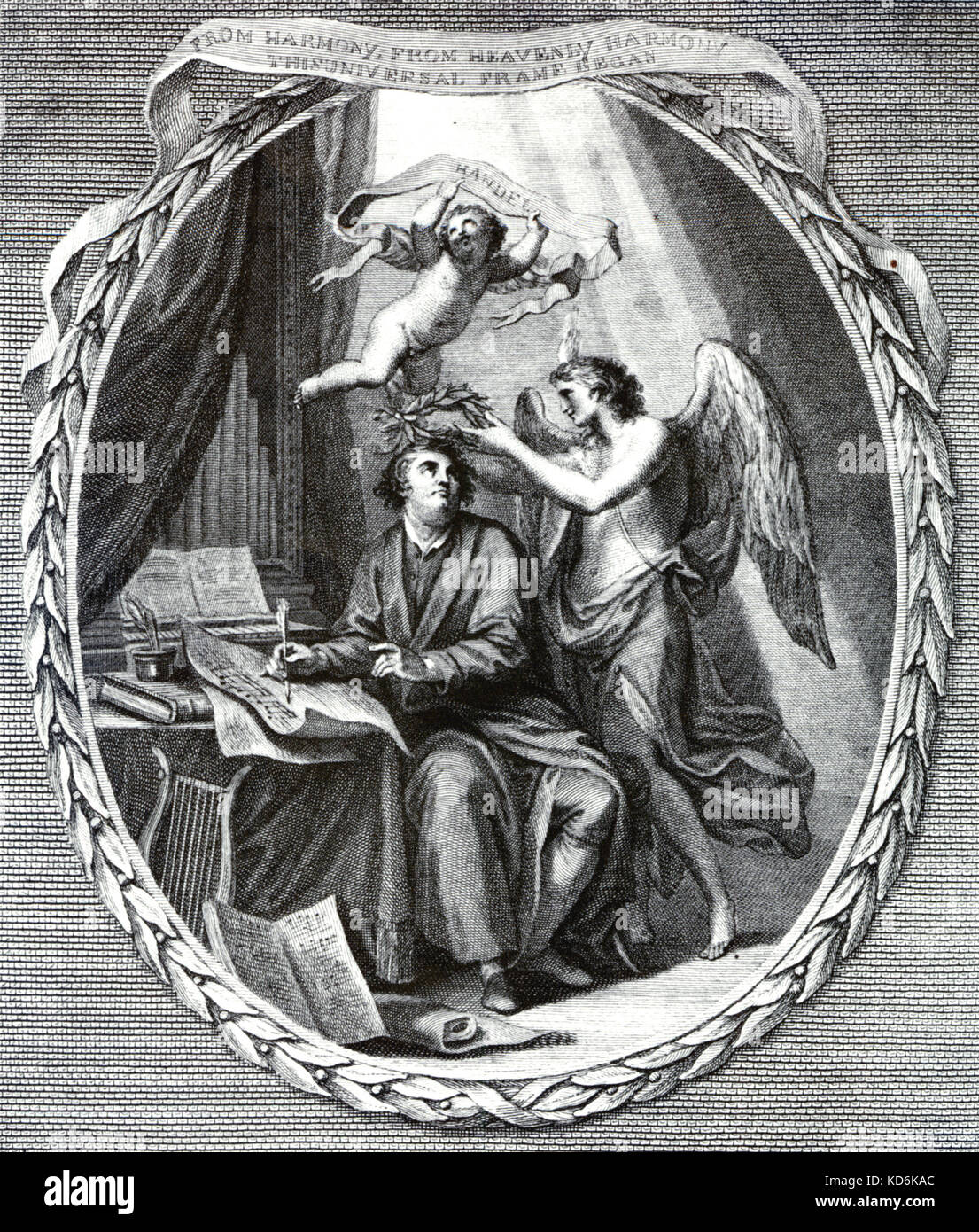 L'apothéose de Handel. Le 'Génie de l'harmonie couronnement lui et séraphe wafting son nom au ciel'. Angel et chérubin de décor paradisiaque. Couronne de laurier. La gloire. La célébration. Gravure de F. Bartolozzi, après I. R. Cipriani. Compositeur écrit score de l'orgue et lyre. Compositeur allemand, 1685-1759. Banque D'Images