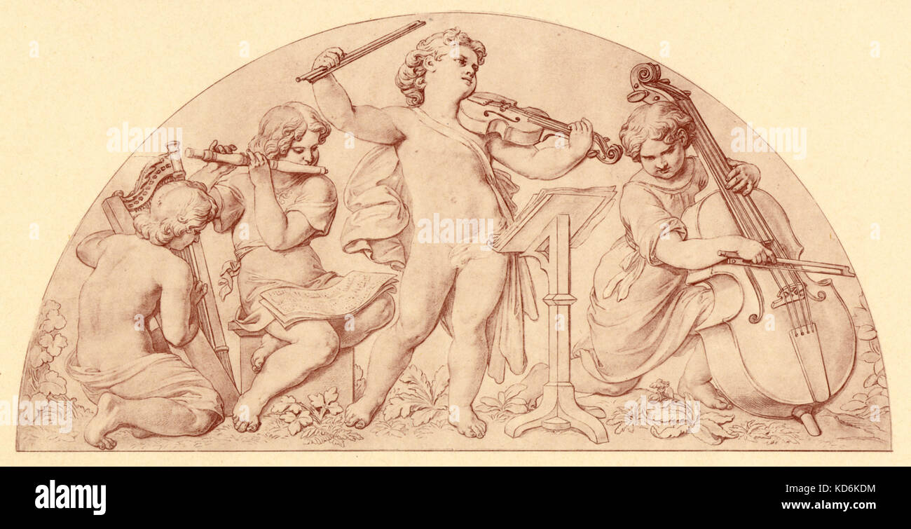 Quatuor idéalisé avec la harpiste, flûtiste, violoniste et violoncelliste classique en paramètre. Anges chérubin harpe, flûte, violon, violoncelle. Gravure par Max Jaffé, après fresco par Carl Geiger, à l'Opéra de Vienne (Staatsoper, puis la Hofoper). Publié par V.A. Heck, Vienne. Banque D'Images