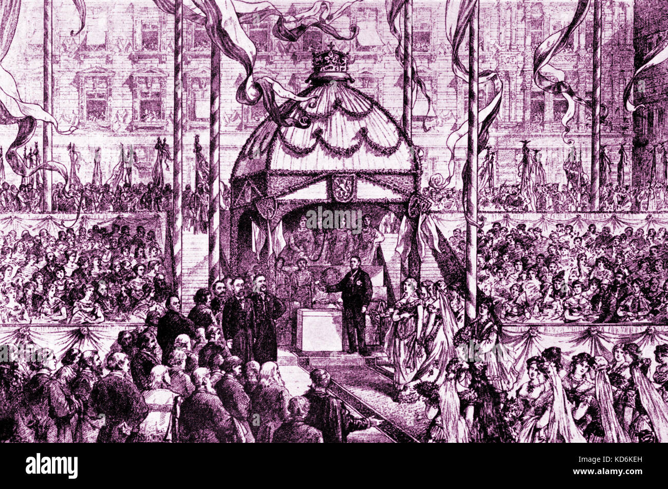 Cérémonie pour la pose de la première pierre de fondation pour le Théâtre National de Prague, (note marteau). Smetana Comité permanent sur la gauche au premier plan. Compositeur bohémien, 1824-1884. Banque D'Images