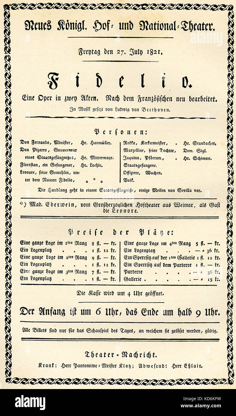 27 juillet 1821 annonce Fidelio au rendement Neues Konigliche Hof und National-Theater à Munich (Nouveau Opéra Royal de Munich). Composée par Ludwig van Beethoven Banque D'Images