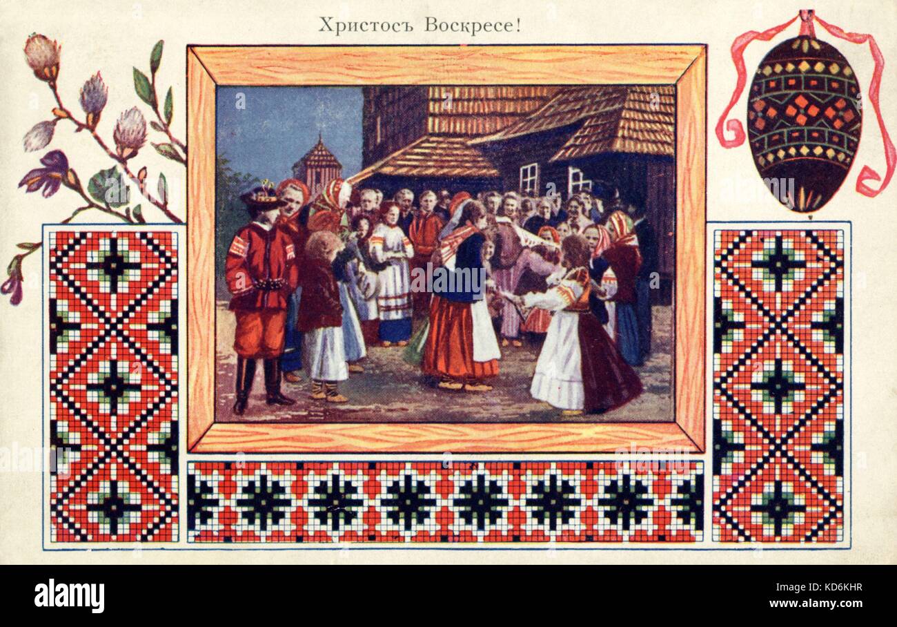 Rusalka - femmes dansant dans un cercle à la Pentecôte, Pâques scène. Écriture cyrillique dit 'Le Christ est ressuscité" - (Mouvement en Tchécoslovaquie pour le moment d'utiliser la langue tchèque pour l'alphabet cyrillique). Aussi le nom d'un opéra par Antonin Dvorak, compositeur tchèque, 8 septembre 1841- 1er mai 1904. Carte postale russe 1923 estampillé. Banque D'Images