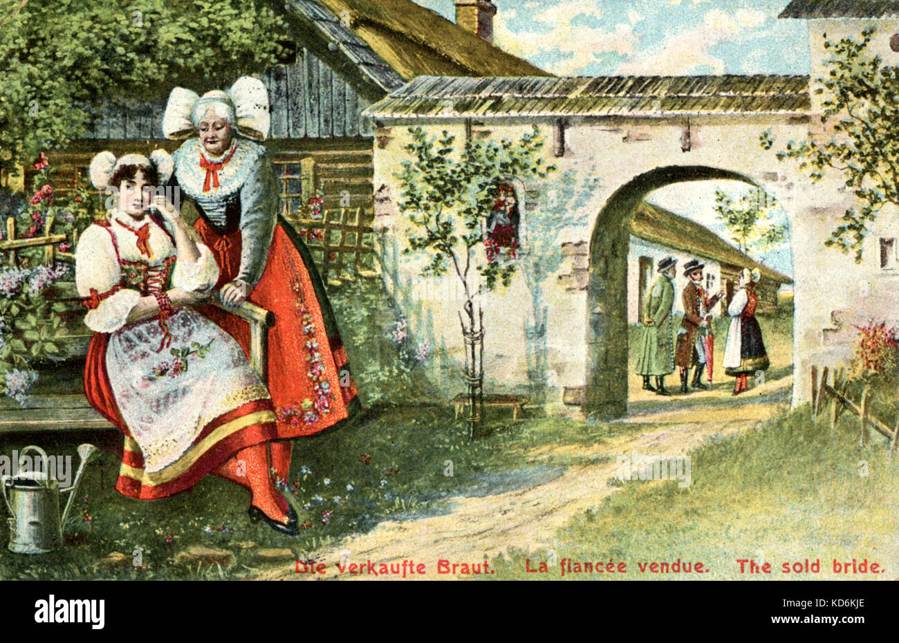 De Smetana La Fiancée vendue /Verkaufte Braut. Deux femmes en costume national tchèque. Dirndl, tablier brodé. Compositeur bohémien, 1824-1884 Banque D'Images