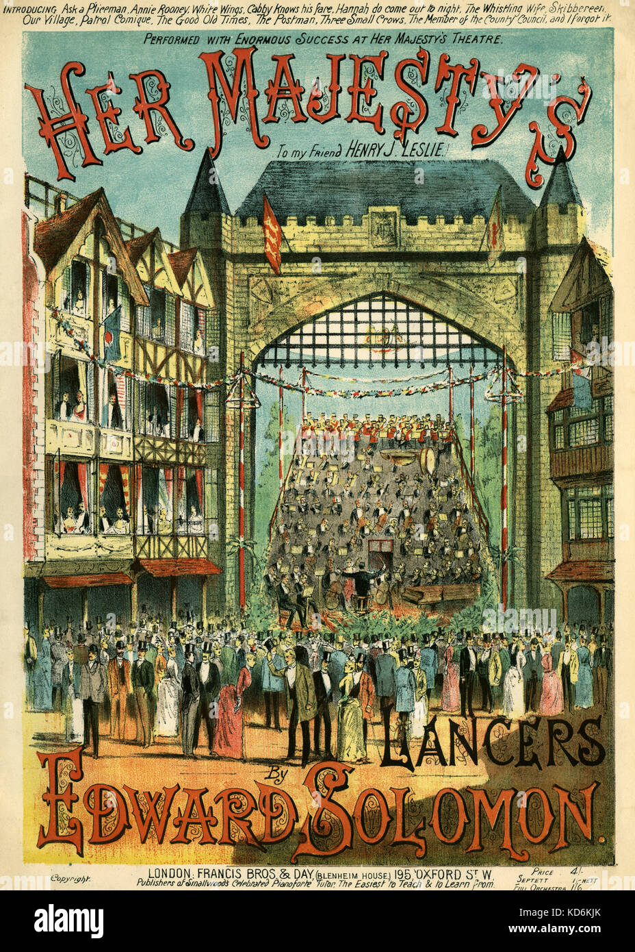 Her Majesty's Lancers par Edward Solomon. Couvercle Score.1877 Orchestra  sur scène ensemble avec les gens en haut de forme et de nœuds papillons  dans les cases à côté et bien habillés, debout