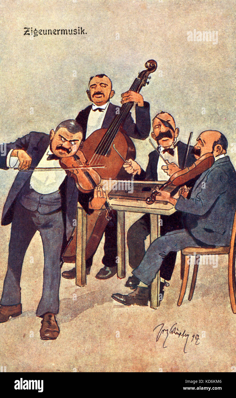 Gypsy quartet avec deux violons (violon), contrebasse et cymbalum. Illustration sur carte postale d'Autriche. Au début du xxe siècle. Empire austro-hongrois. Lehár. Bartok Banque D'Images
