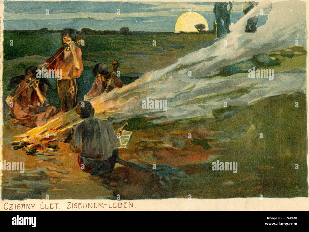 Camp de gitans en Hongrie avec violon violon ( ) joueurs. Le hongrois. Illustration sur une carte postale ( Zigeuner Leben, Gypsy Life ). Au début du xxe siècle. Empire austro-hongrois. Lehár. Bartok. Dvorak Kodaly Banque D'Images