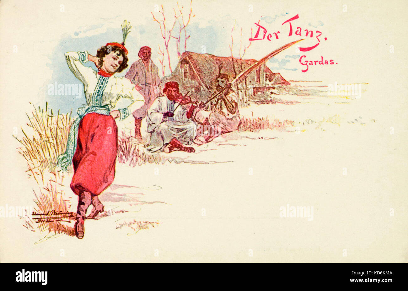 Jeune fille danse Danse hongroise en costume traditionnel, au son de deux violons joués par les gitans. Austro-hongrois au début du xxe siècle. Der Tanz, Czardas. Lehár. Banque D'Images