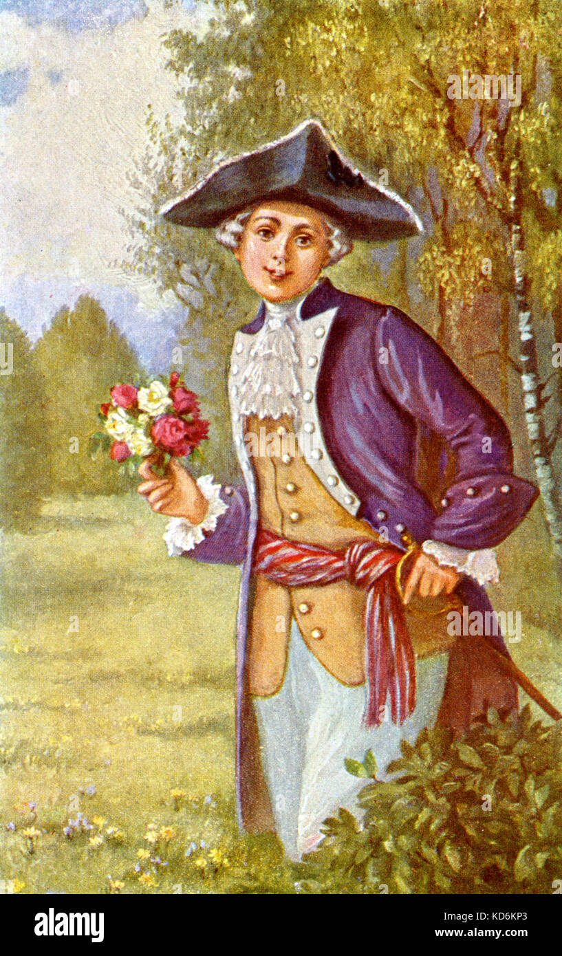Rosenkavalier - Illustration de l'opéra de Richard Strauss. Peinture d'jeunes (femme vêtue comme un homme - partie de soprano) au début du xviiie siècle : robe chapeau tricorne tricorne (), blue coat et culotte blanche, à l'épée et ceinture à rayures, holding posy de roses, en scène boisée. Compositeur allemand et d'orchestre. 1864-1949. Rose d'argent. Banque D'Images