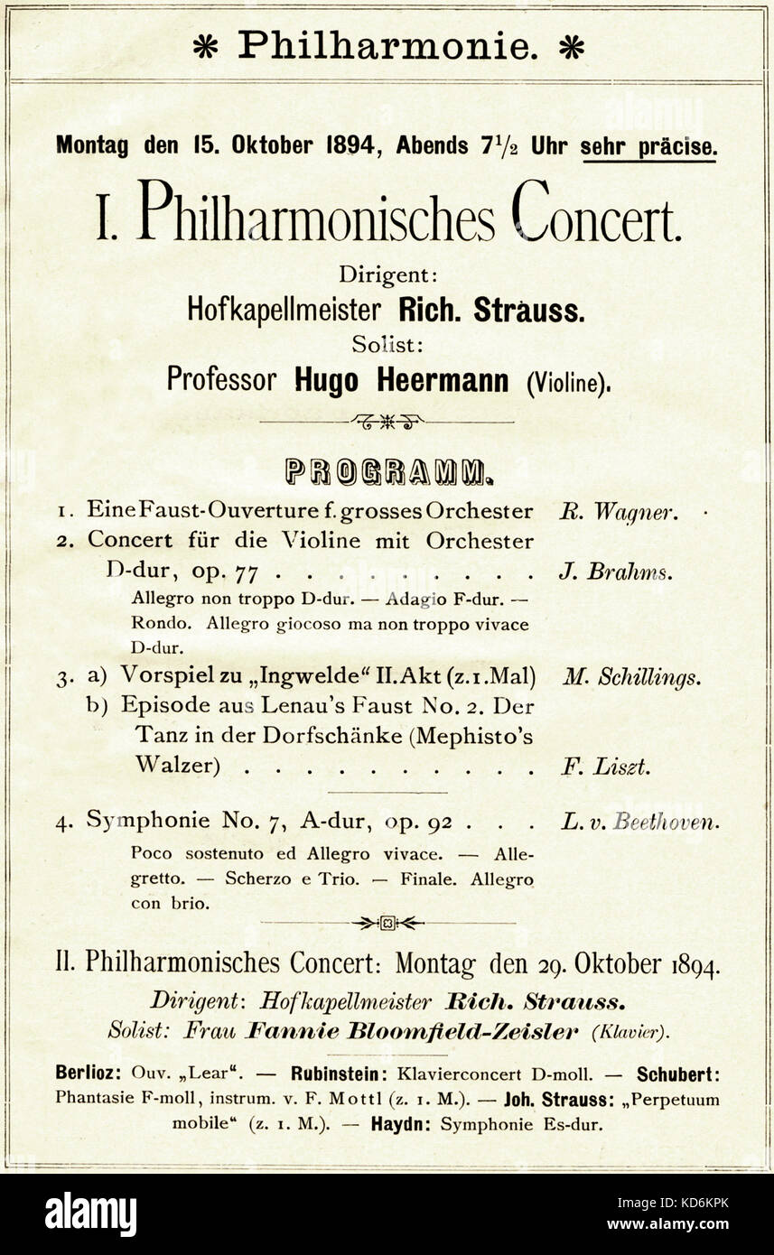 Richard Strauss Berlin Hofkapellmeister programme 15 octobre 1894. Philharmonische intérieur, de concert avec la saison 1894/1895 Orchestre Philharmonique de Berlin soliste Hugo Heermann (violon) et Fannie Bloomfield-Zeisler (piano). Compositeur allemand et chef d'orchestre, 1864-1949. Banque D'Images