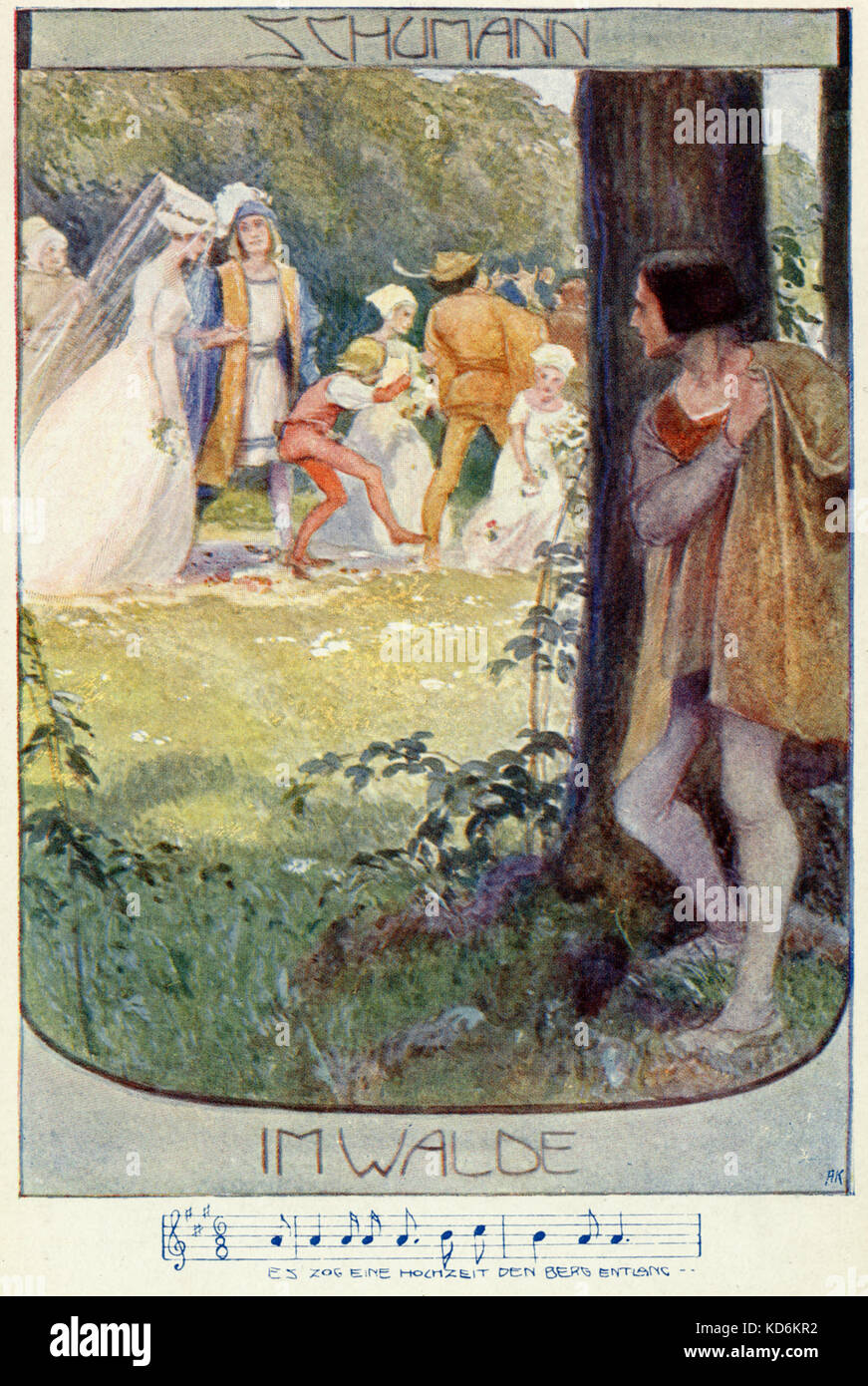 Robert Schumann's song ' Im Walde ' (dans les bois) Illustration avec de petits enfants et de mariage d'être observé par l'homme masqué. La notation. Compositeur allemand, 1810-1856 carte postale. Banque D'Images