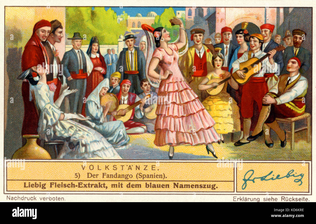 L'exécution de la danseuse espagnole Fandango. Scène de rue à l'Espagne. Musiciens avec Instruments : guitare, tambourin, luth oud. Danseur avec castgnets. Costumes traditionnels. Danse folklorique andalouse. Cartes de collection Liebig Fleisch-Extract Banque D'Images