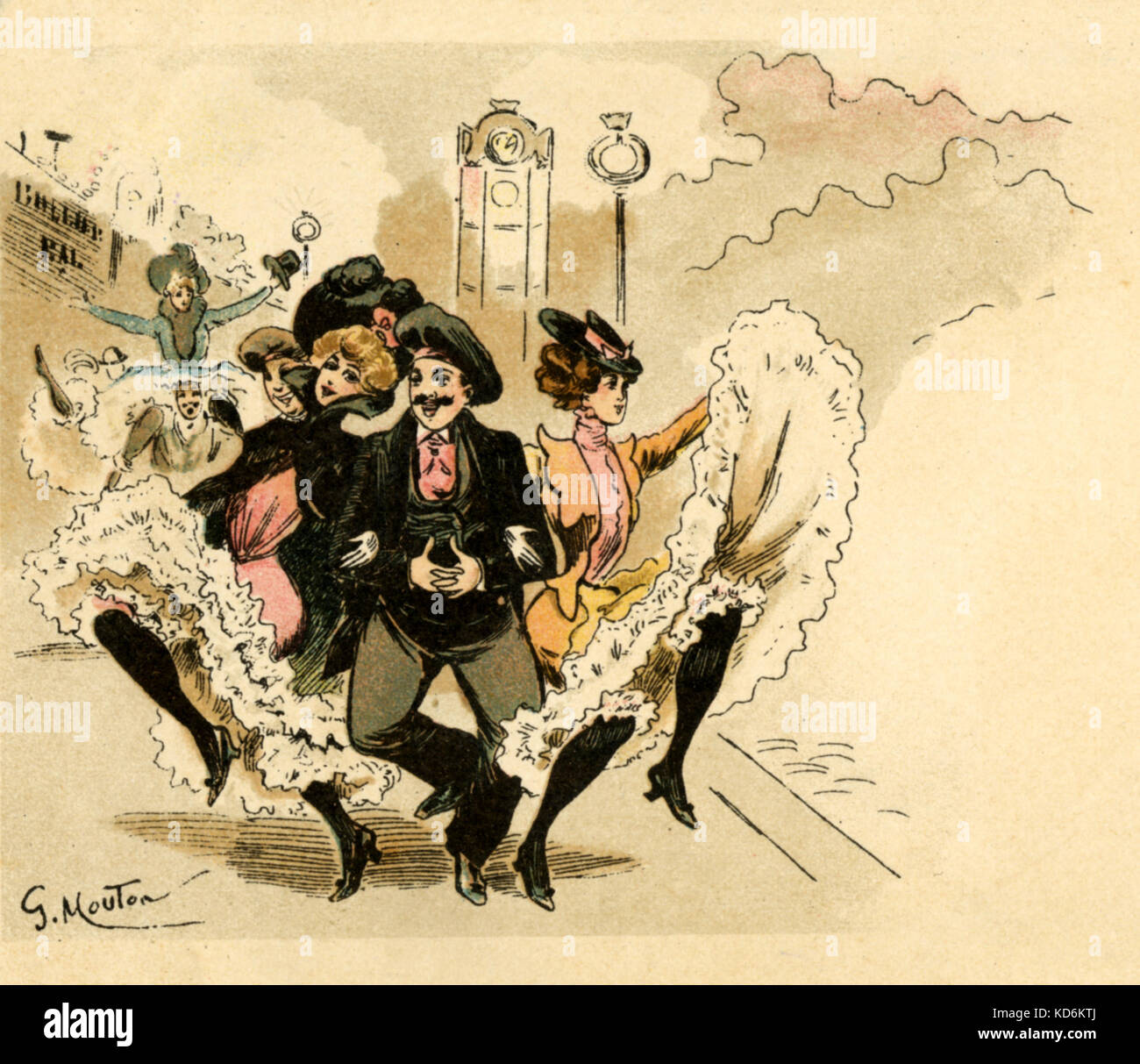 Cancan danseurs. Caricature de G. Mouton. L'homme et de femmes représentant la scène la danse de rue. Connexion d'Offenbach. Paris. Carte postale de l'humour. Banque D'Images