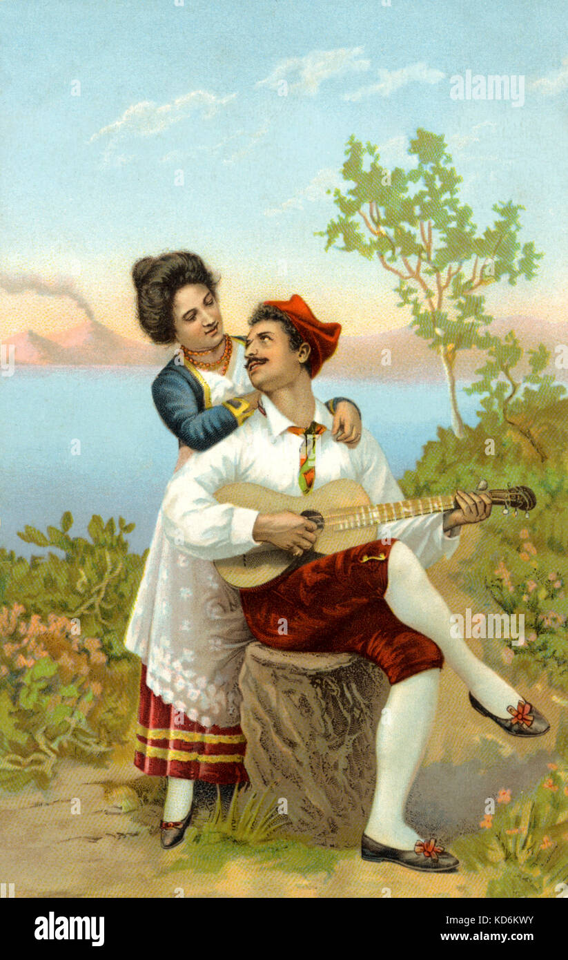 Couple espagnol en costume traditionnel coloré. Homme Femme sérénade à la guitare. Embrasser. Danseuses espagnoles ? Gypsy. Homme Femme sérénade à la guitare. Embrasser. Danseuses espagnoles ? Carte postale tzigane. Banque D'Images