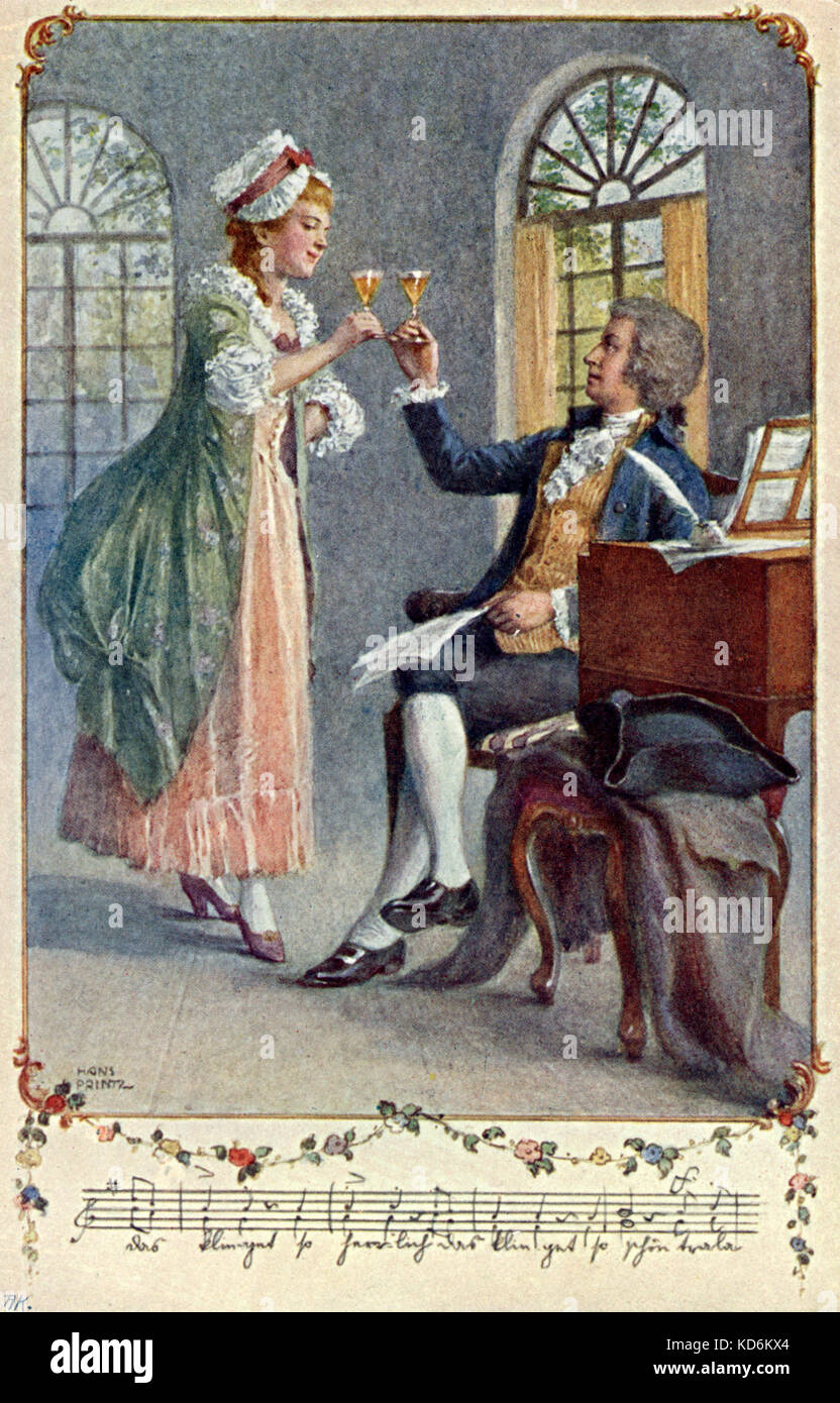 Wolfgang Amadeus Mozart à Vienne travail c.1791 par / piano clavicorde composant la Flûte enchantée (Zauberflöte). Boire un verre de vin et le grillage avec une femme ( probablement son épouse Constanze ) l'achèvement des travaux. Compositeur autrichien,1756-1791 Banque D'Images