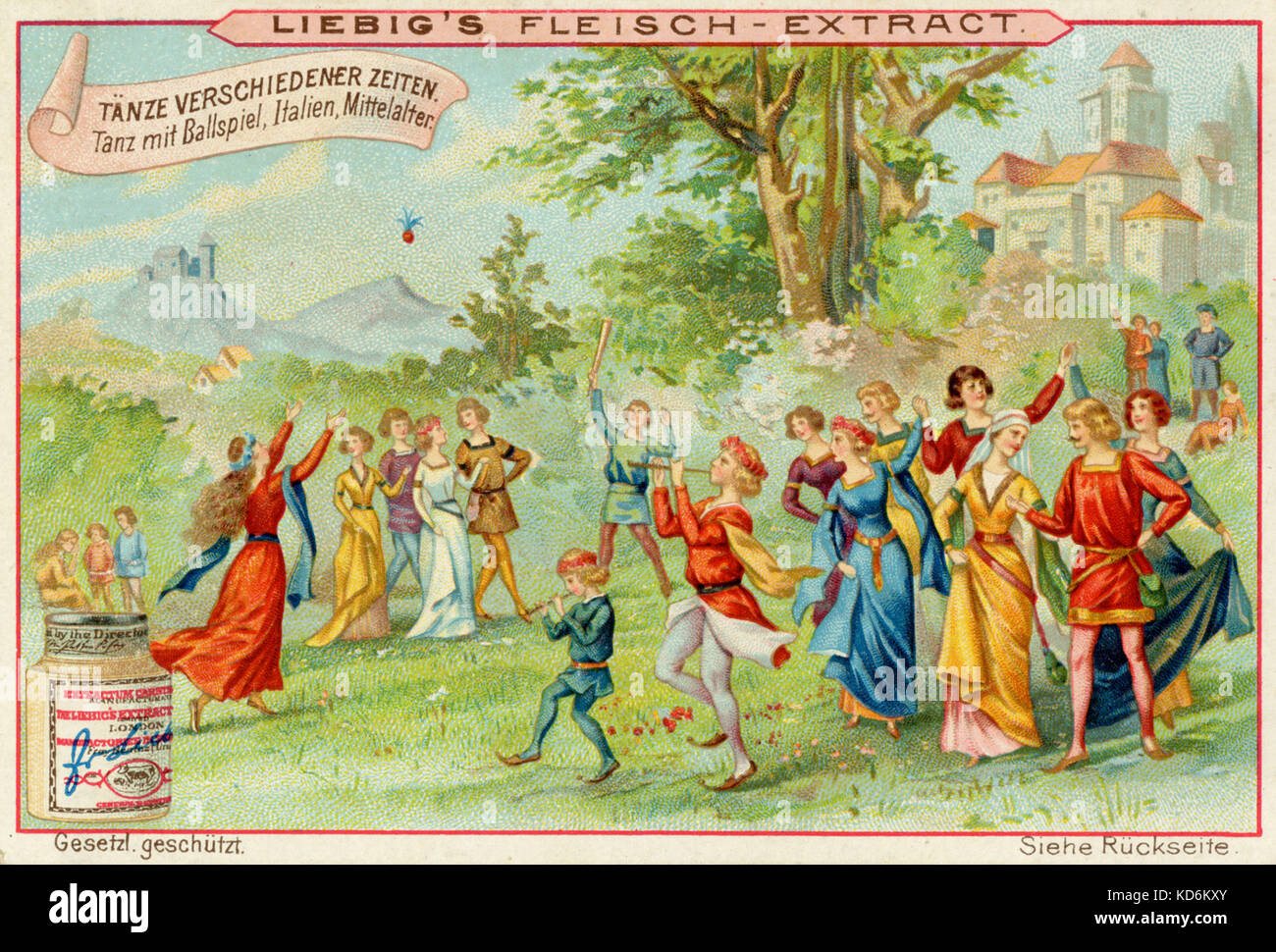 Festivités italiennes médiévales avec des danses, des jeux de balle, de la musique. Les outils comprennent des flûtes. Premier flûtiste de l'enfant procession d'hommes et femmes. Jeu de balle en arrière-plan. En plein air, des bois, scène idyllique.. Italie Liebig Fleisch-Extract collection de cartes. Banque D'Images