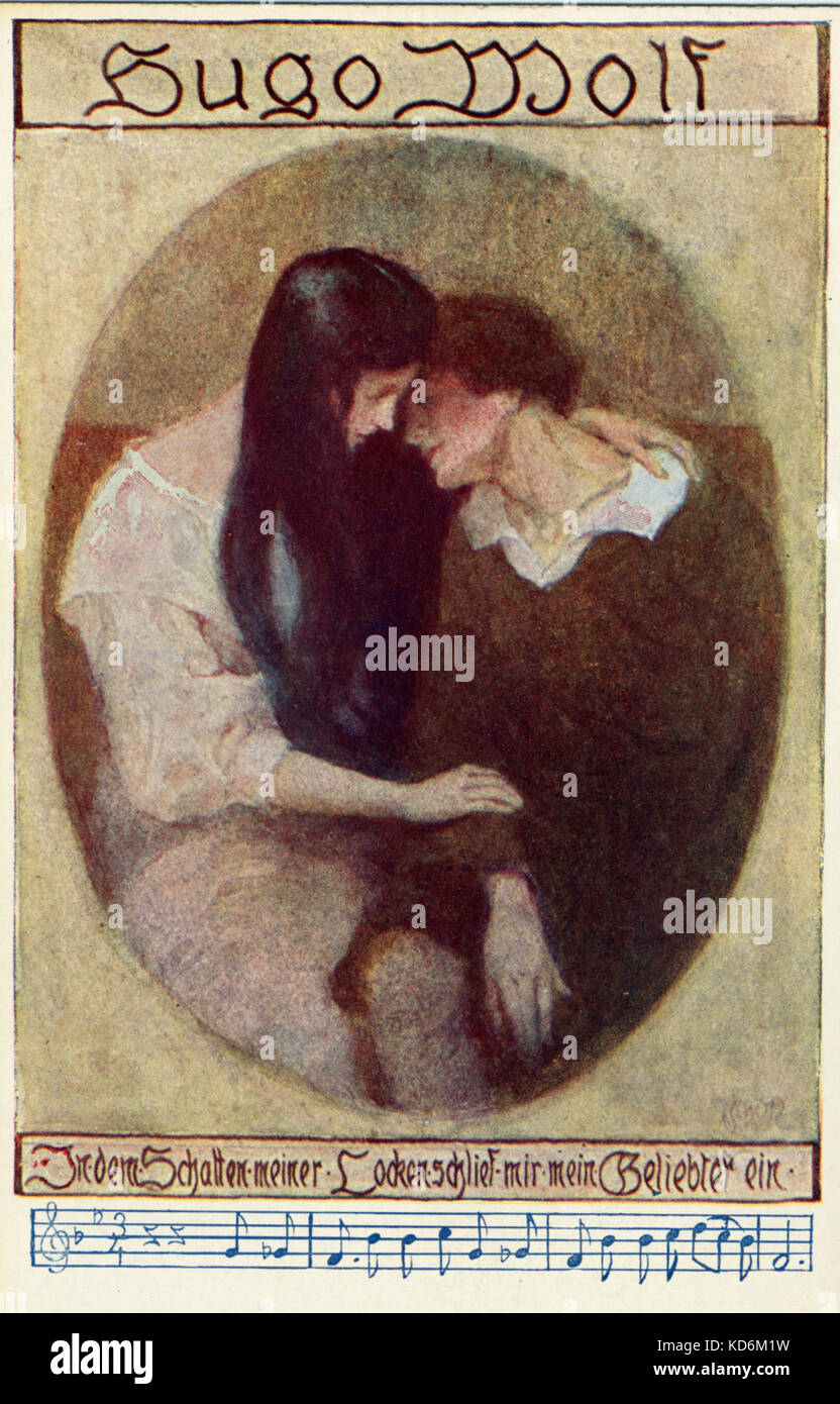 Hugo Wolf - chanson illustration avec la notation, montrant couple. Compositeur autrichien. 13 mars 1860 - 22 février 1903. Texte dit : ' Dans Lockenschief dem Schatten meiner mir mein ein Beliebter '. carte postale. Banque D'Images