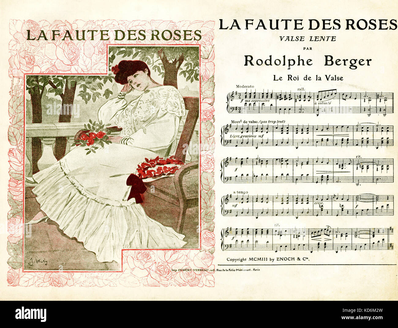 Pour couvrir Score valse lente ' La Faute des Roses '. Par Rodolphe Berger publié par Enoch & Cie, Paris. Conception de la couverture par J. Wely. Banque D'Images