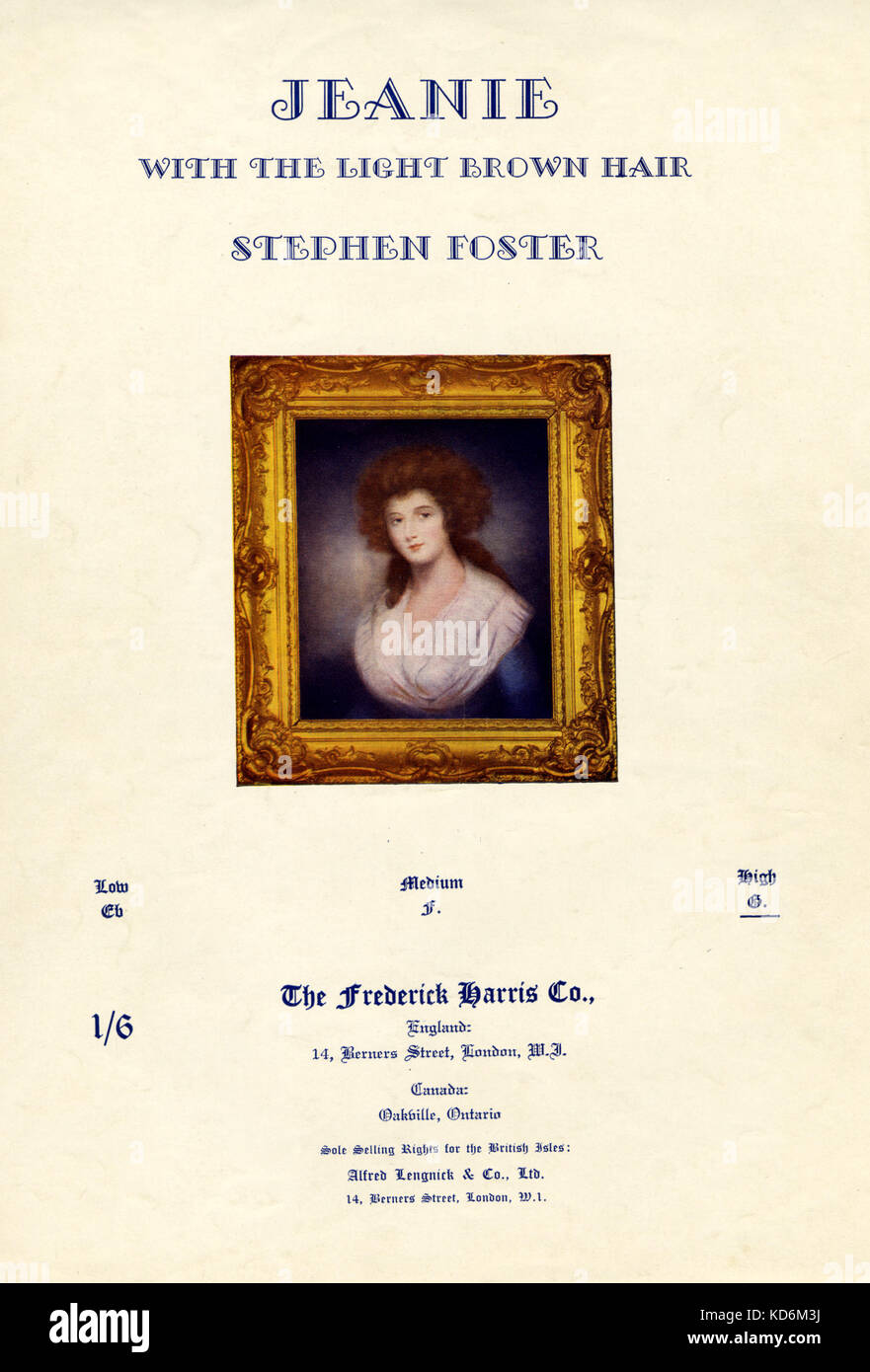 Stephen Foster chanson ' Jeanie avec les cheveux brun clair ' (1854) score (voix et piano). Portrait encadré de femme du 19e siècle. Compositeur, 1826-1864. Publié le 1940 Frederick Harris Co., London. Banque D'Images