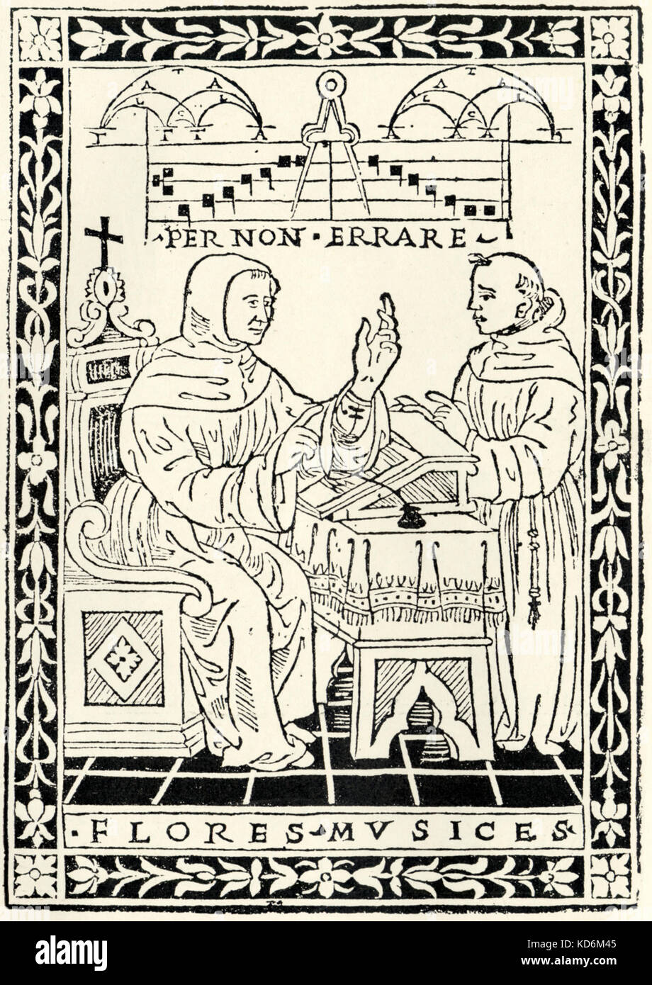 Pietro di l' Cannuzi encore de traité, ' Regule Florum Musices ', Florence, 1510. Gravure sur bois de la Renaissance, montrant les moines de bureau. La théorie de la musique. Banque D'Images
