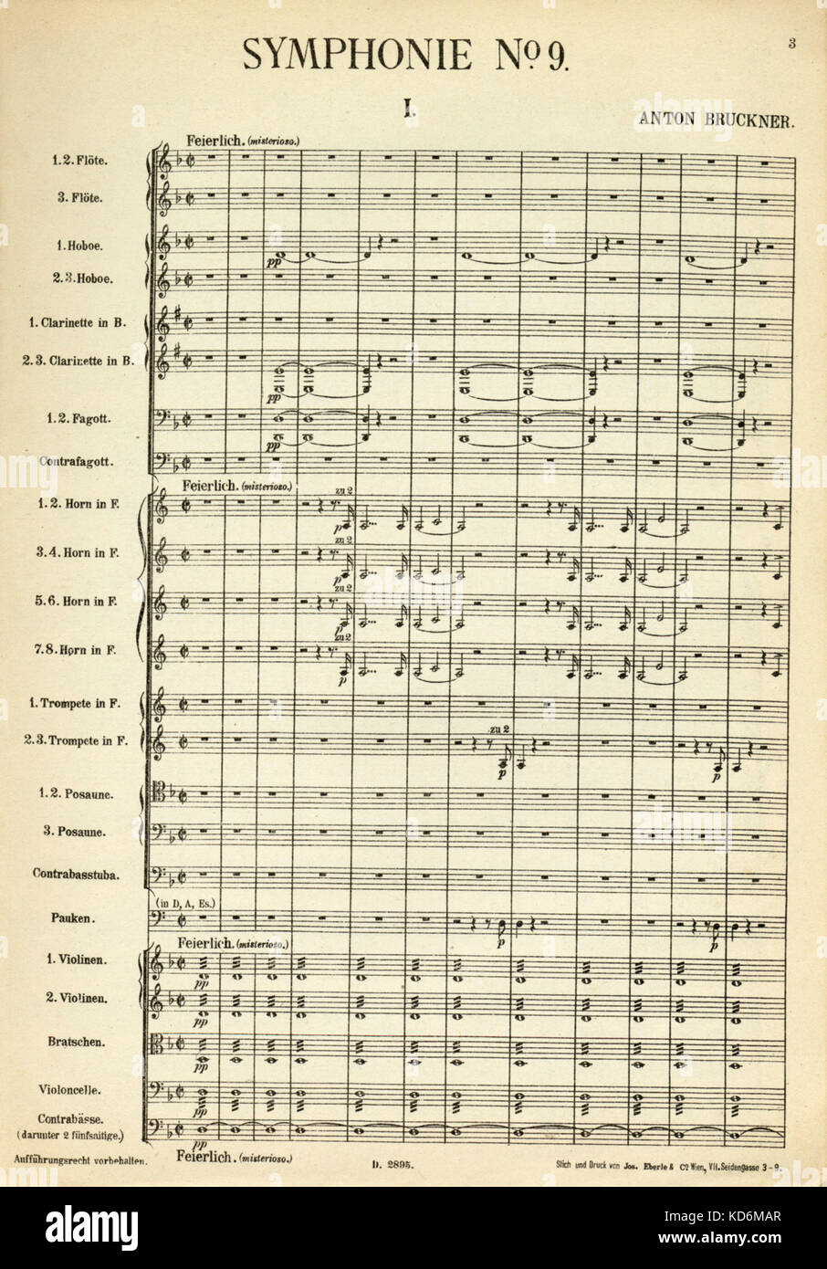 Anton Bruckner - page d'ouverture du score pour 9e / 9e symphonie. Herausgegeben von Ferdinand Löwe. Organiste et compositeur autrichien, 4 septembre 1824 - 11 octobre 1896. Publié à Vienne par Ludwig Doblinger à Universal Edition, 1910 Banque D'Images