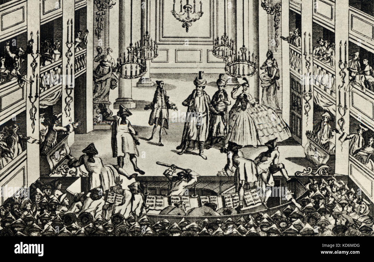 Une émeute lors d'une performance de Thomas Augustine Arne 's ' ' Antaxerxes. Le manager a refusé d'admettre les retardataires dans la fosse à moitié prix. Arne, compositeur anglais, 28 mai 1710 - 5 mars 1778 gravure caricature, 1763 Banque D'Images
