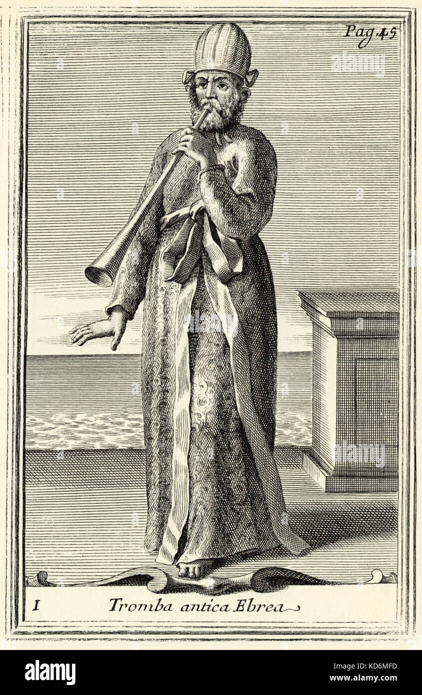 L'hébreu - trompette Tromba Antica Ebrea - joué en temps bibliques. L'Bonanni Gabinetto Armonico 1716 Illustration 1 . Gravure par Arnold von Westerhout. Au début du 18e siècle romantique image de la manière dont l'Hébreu ancien prêtre aurait cherché. Instrument utilisé dans le temple. Banque D'Images