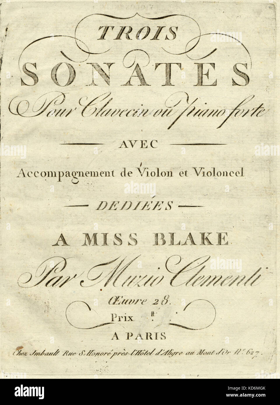 Muzio Clementi, score de couverture pour ses trois sonates pour piano, ou clavicorde avec accompagnement de violon et violoncelle. - C.1800s. Dédié à Mlle Blake. Pianiste et compositeur italien, 23 janvier 1752 - 3 mars 1832 dans l'original anglais : Trois sonates pour clavecin ou Pianoforte avec accompagnement de violon et violoncel (sic) dediées à Mlle Blake par Muzio Clementi, oeuvre 28. Publié à Paris. Banque D'Images