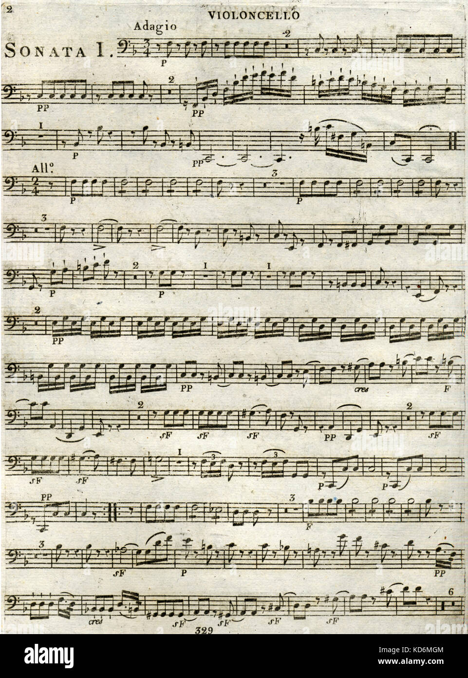 Muzio Clementi, Adagio de la partie de violoncelle pour ses trois sonates pour piano, ou clavicorde avec accompagnement de violon et violoncelle.c.1800s. Dédié à Mlle Blake. Pianiste et compositeur italien, 23 janvier 1752 - 3 mars 1832 dans l'original anglais : Trois sonates pour clavecin ou Pianoforte avec accompagnement de violon et violoncel (sic) dediées à Mlle Blake par Muzio Clementi, oeuvre 28. Publié à Paris. Banque D'Images