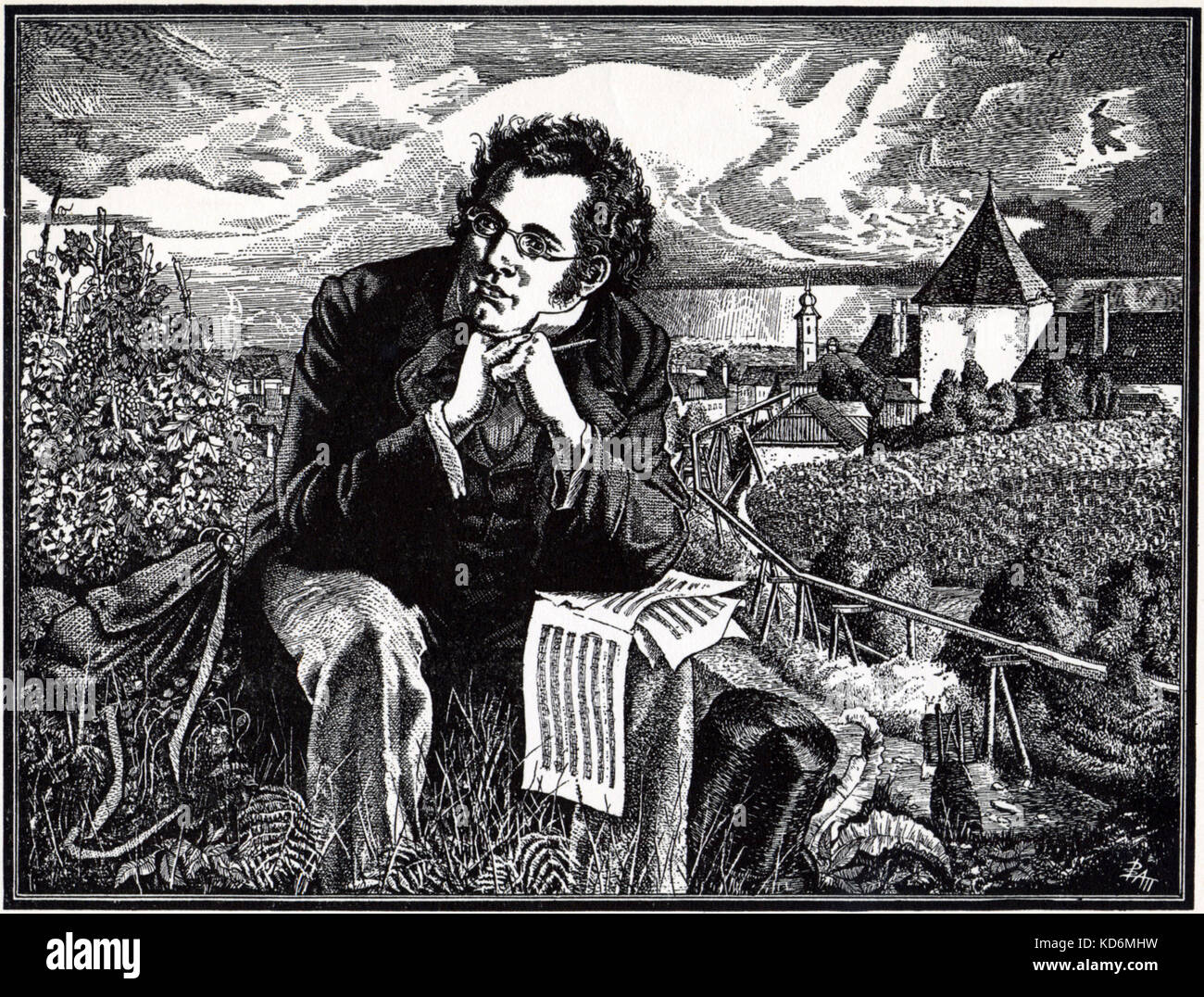 Franz Schubert assis avec une note à côté d'un village de la rédaction d'dessiné par Batt (Barrett 1892 Oswald - 1945) . Compositeur autrichien, 31 janvier 1797 - 19 novembre 1828. Banque D'Images