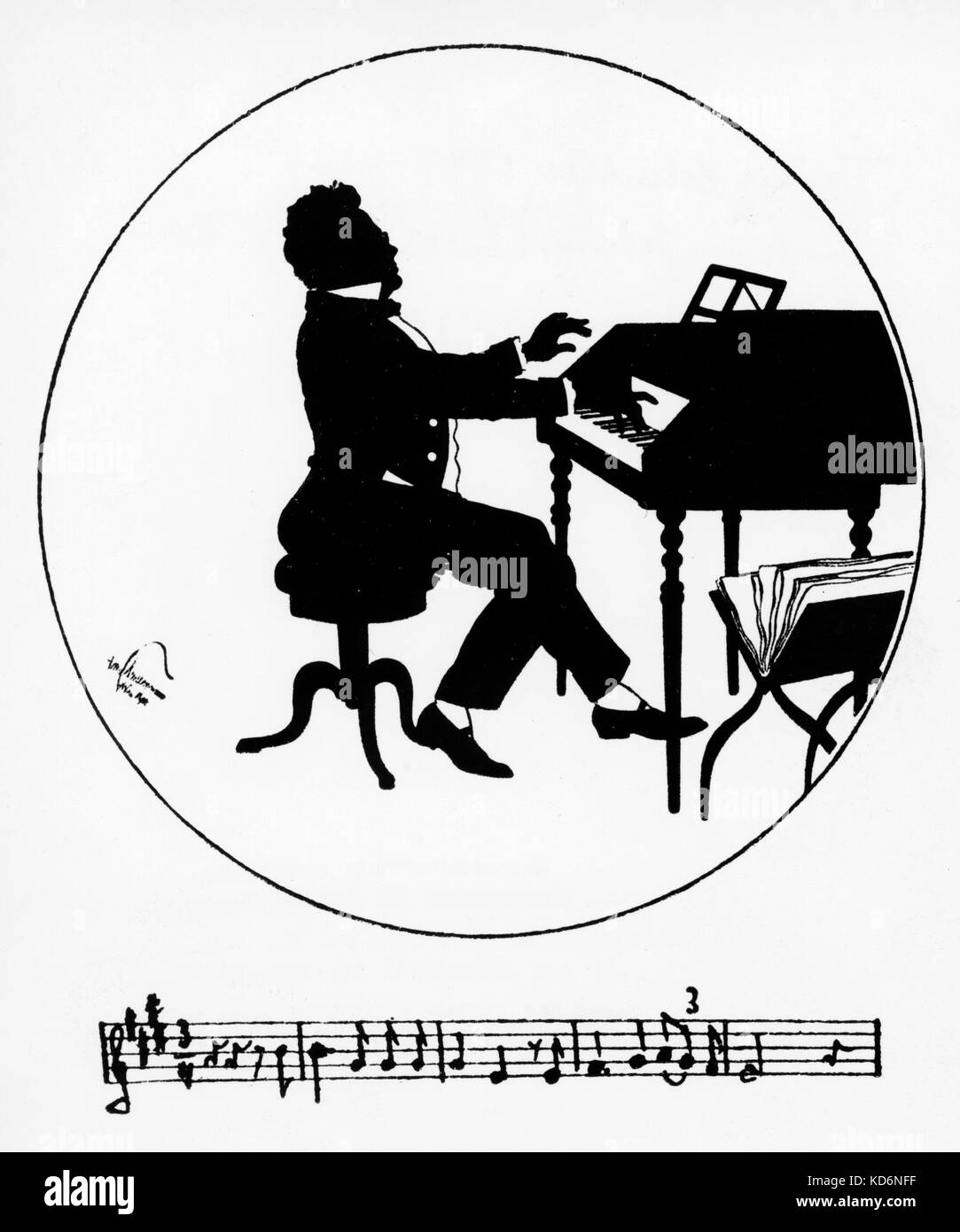 Franz Schubert jouer du piano - silhouette compositeur autrichien, 31 janvier 1797 - 19 novembre 1828. Banque D'Images