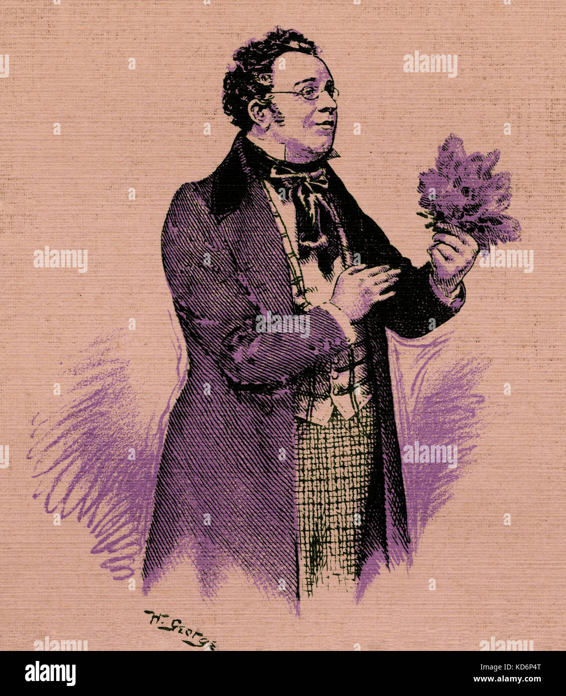 Franz Schubert holding lilas. Compositeur autrichien, 31 janvier 1797 - 19 novembre 1828. Score sur couvercle pour compostition 'Lilac Time' . Fleurs Banque D'Images