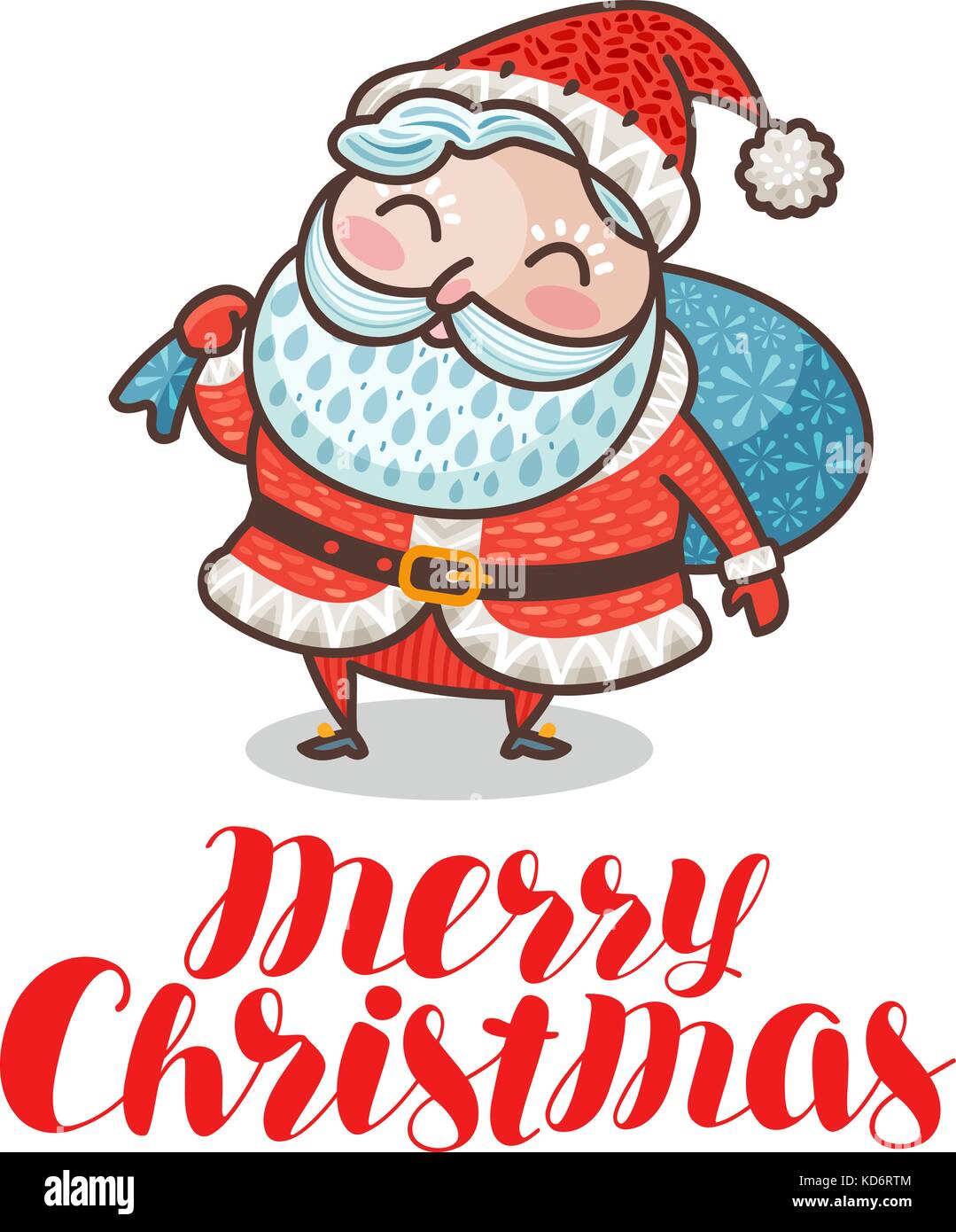 Joyeux Noël, carte de voeux ou bannière. Mignon Père Noël avec sac plein de cadeaux. Illustration vectorielle de dessin animé Illustration de Vecteur