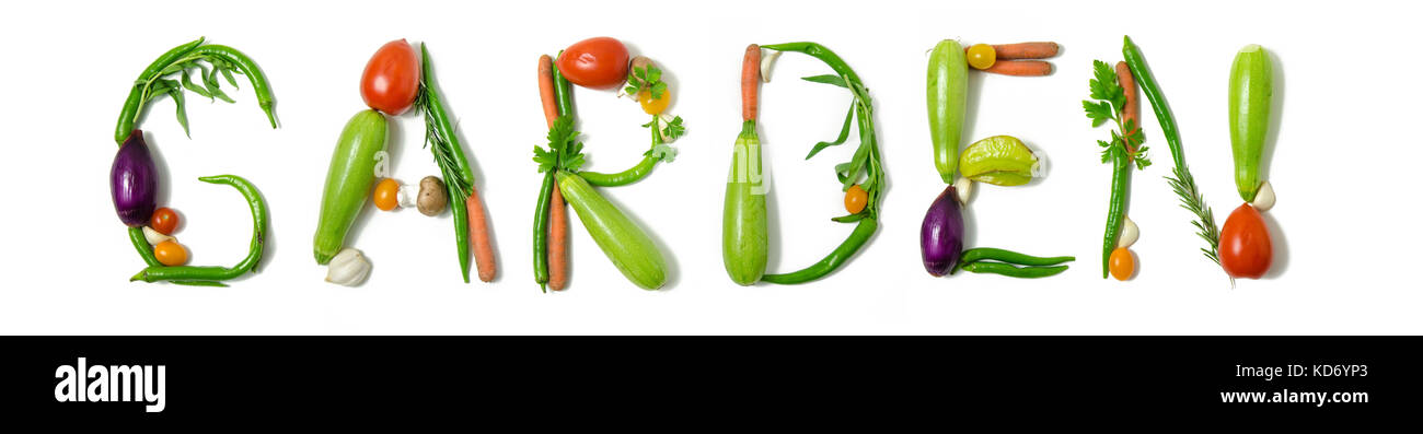Mot écrit 'jardin' avec des légumes comme un concept de style de vie sain, régime végétarien ou végétalien, la remise en forme ou la réduction de calories Banque D'Images