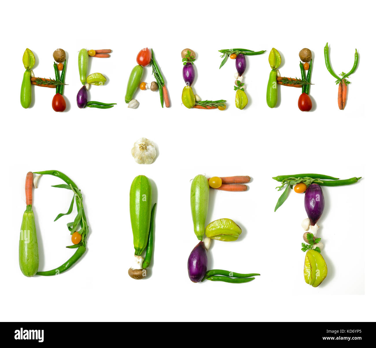 Phrase 'Alimentation saine' écrit avec des légumes comme un concept de style de vie sain, régime végétarien ou végétalien, la remise en forme ou la réduction de calories Banque D'Images
