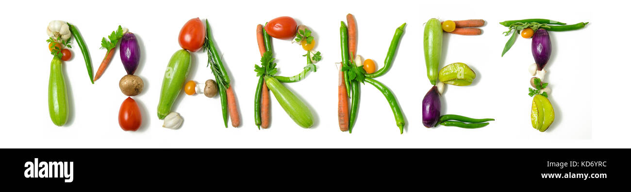 Mot "marché" écrit avec des légumes comme un concept de style de vie sain, régime végétarien ou végétalien, la remise en forme ou la réduction de calories Banque D'Images