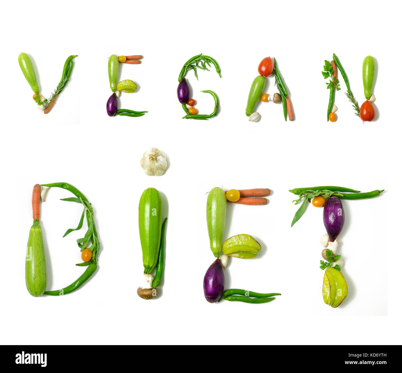 Phrase "végétalisme" écrit avec des légumes comme un concept de style de vie sain, régime végétarien ou végétalien, la remise en forme ou la réduction de calories Banque D'Images