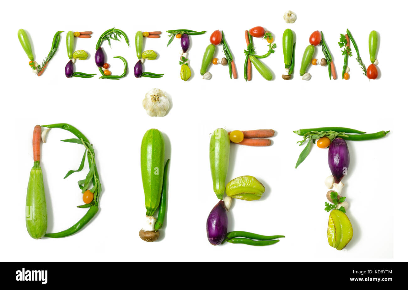 Régime alimentaire phrase 'végétarien' écrit avec des légumes comme un concept de style de vie sain, régime végétarien ou végétalien, la remise en forme ou la réduction de calories Banque D'Images
