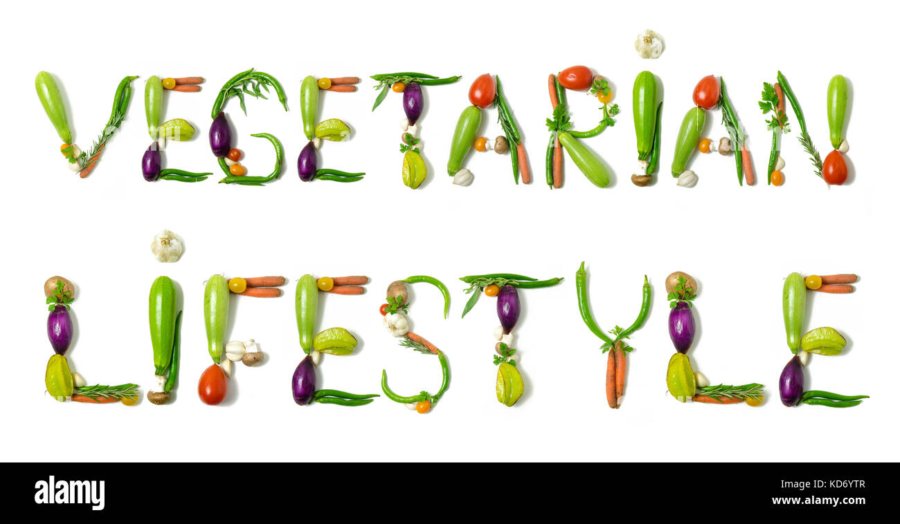 Phrase 'végétarien' lifestyl écrit avec des légumes comme un concept de style de vie sain, régime végétarien ou végétalien, la remise en forme ou la réduction de calories Banque D'Images