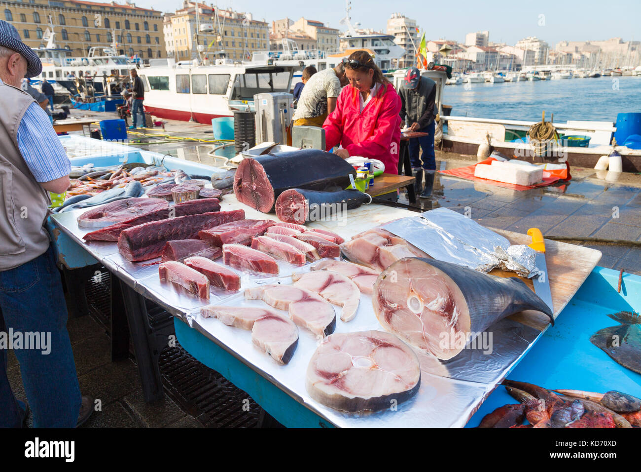 Marché du poisson au vieux cadre (vieux port) à Marseille, France Banque D'Images