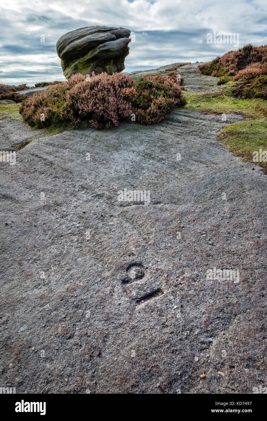 Rock 21 bassin sculpté numérotés sur Stanage Edge près de Hathersage dans le Derbyshire Peak District - fabriqué pour fournir de l'eau pour les tétras sur Hallam Moors Banque D'Images