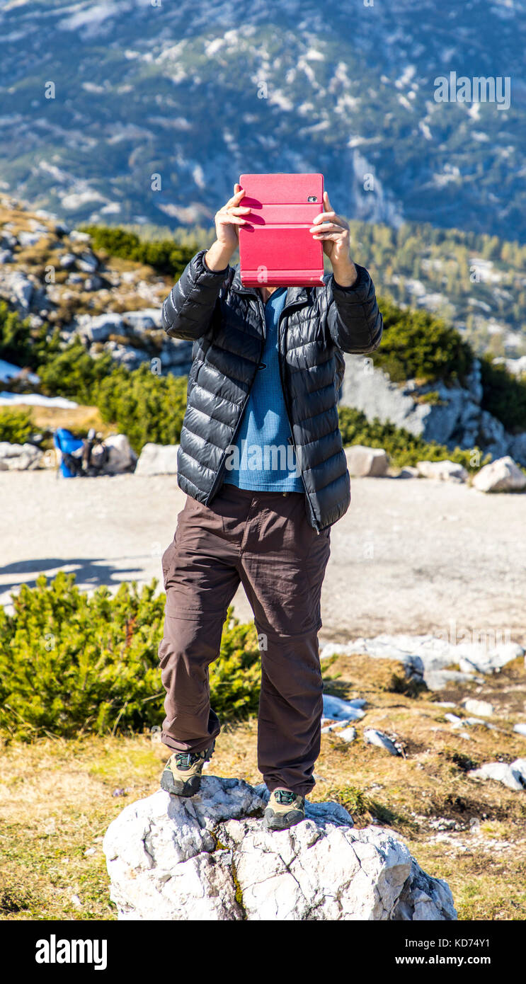 Chaîne de montagnes de Dachstein, région dans oberšsterreich, Haute-Autriche, partie des Alpes, krippenstein secteur du sommet, les touristes, Banque D'Images