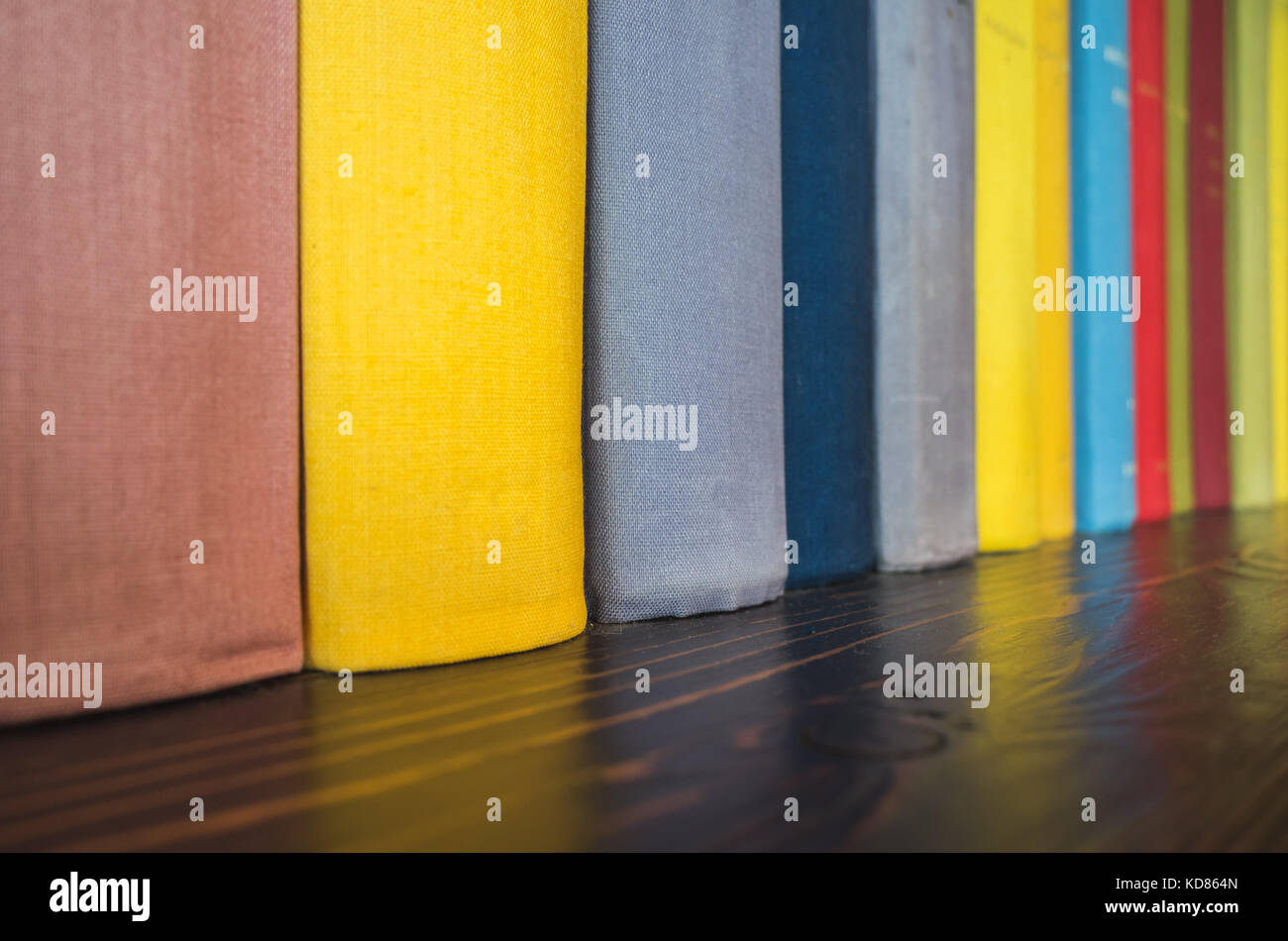 Livres colorés se tenir dans une rangée sur planche en bois Banque D'Images