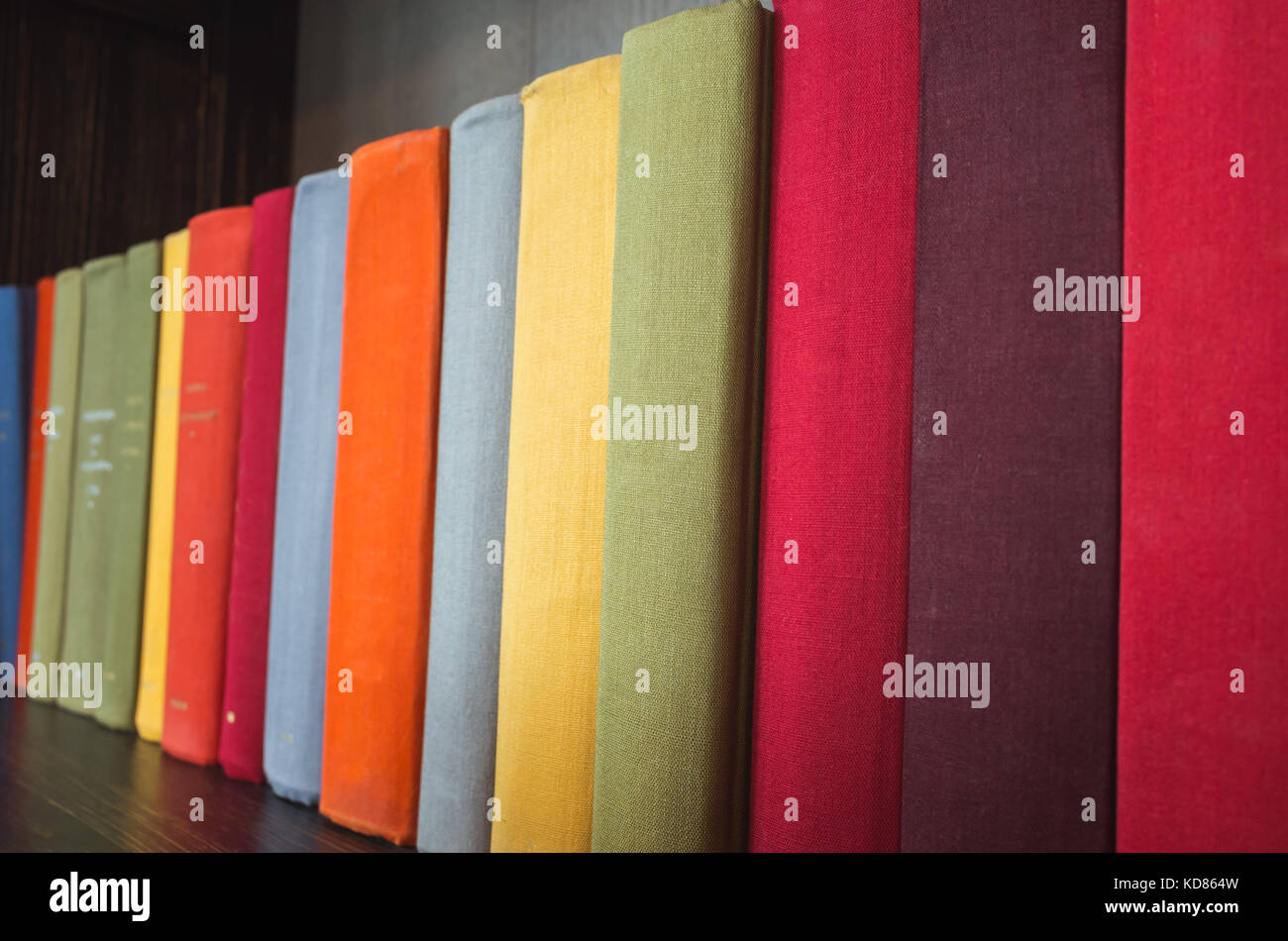 Livres en couvre coloré dans une rangée stand sur plateau en bois Banque D'Images